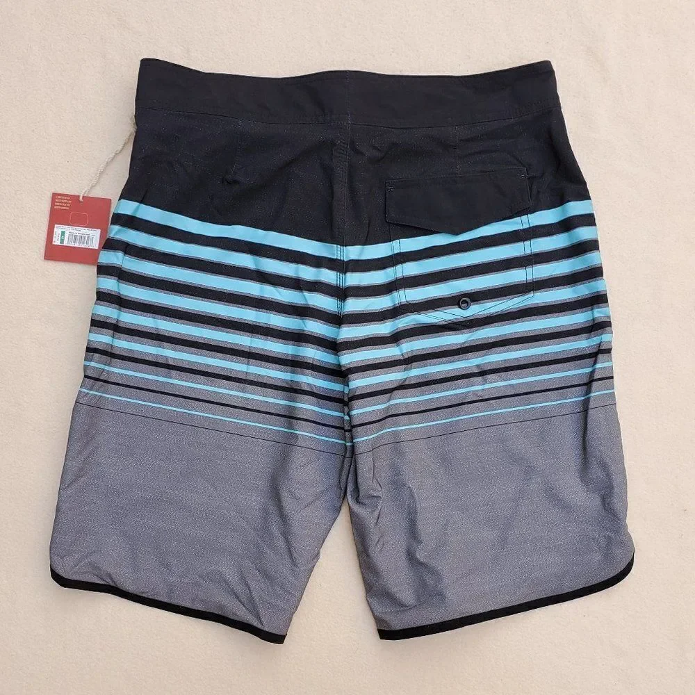 Mossimo black, teal, and gray striped board shorts